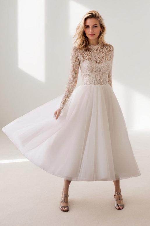 A-Line Tea Length Lace Tulle Wedding Dress CW3424 - COCOMELODY